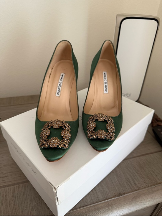 Manolo Blahnik Shoes - Manolo Blahnik Emerald Green Satin Crystal Buckle Pumps